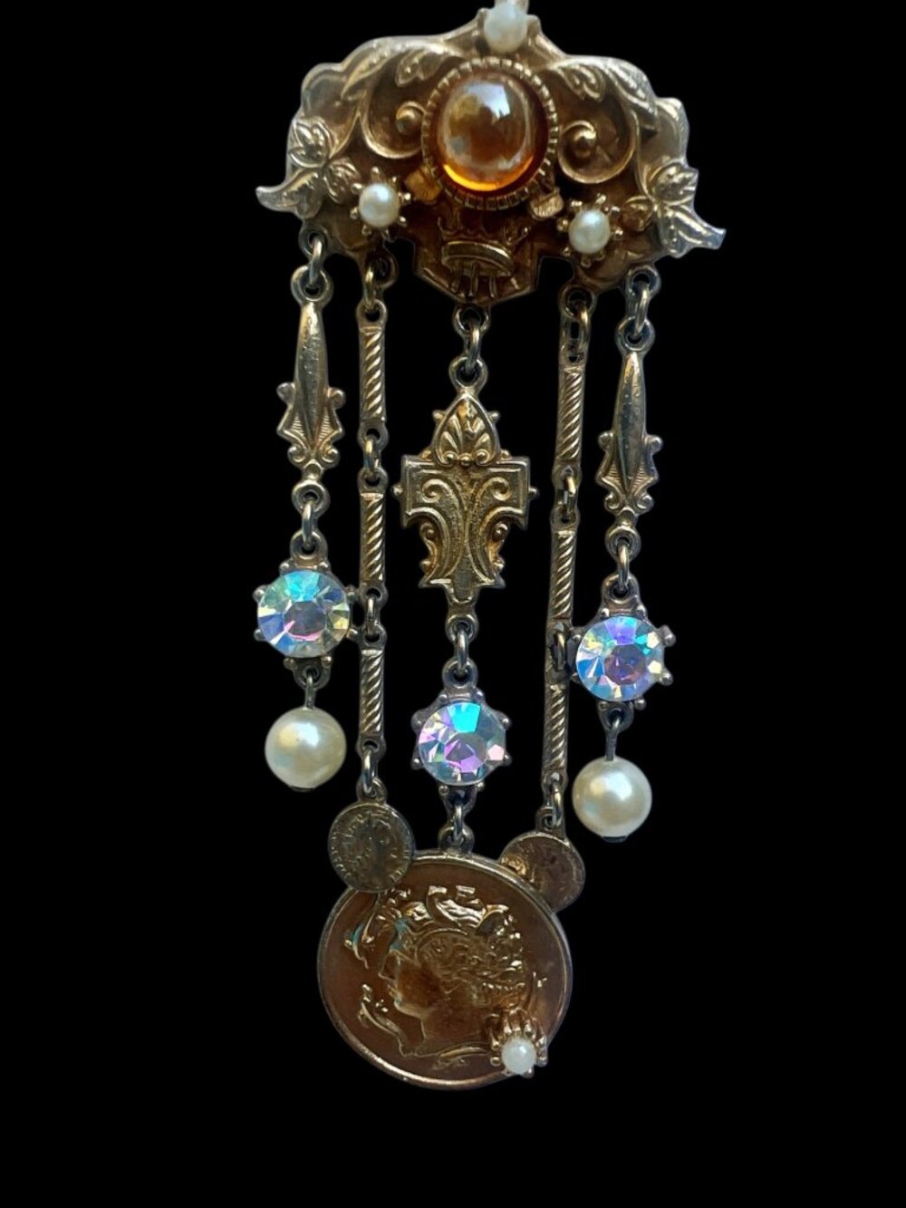 Vintage Gold Tone Brooch With Faux Pearls Rhinestones & Coin Motif Victorian Sty